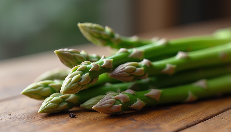 Close-up view of fresh green asparagus spears arranged on a wooden surface