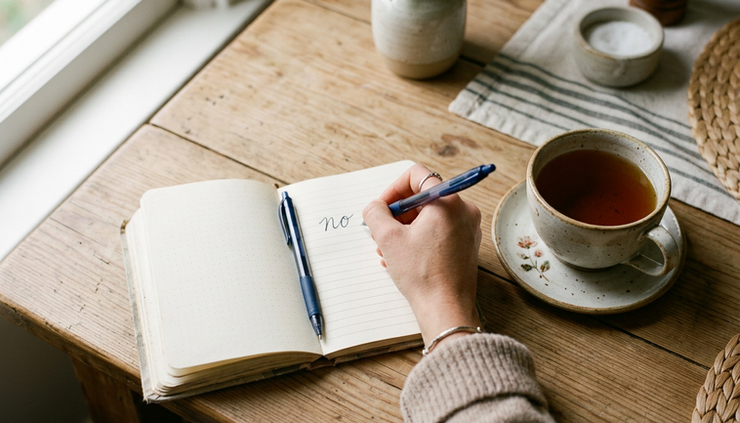 Overhead view of a person writing the word no in a small journal beside a cup of tea.