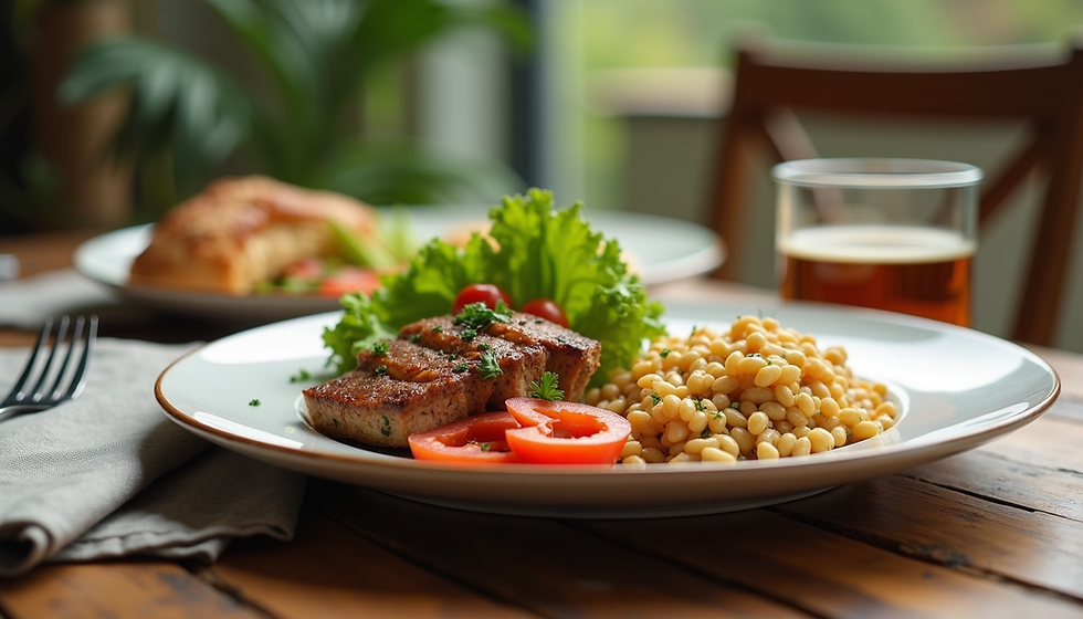 Eye-level view of a balanced meal plate with vegetables, protein, and grains