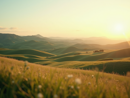 Close-up view of a serene landscape with rolling hills
