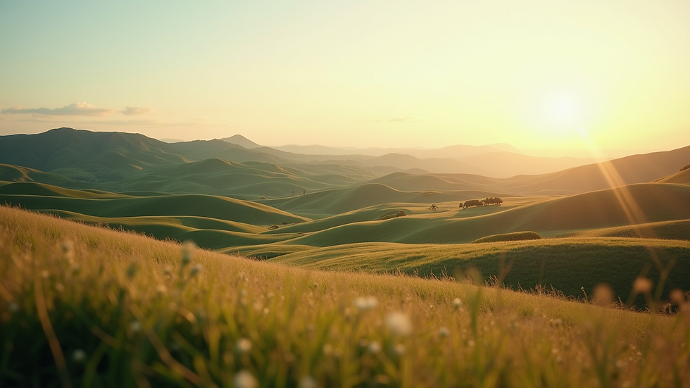 Close-up view of a serene landscape with rolling hills