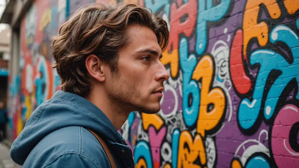 Close-up view of a person deep in thought surrounded by colorful graffiti