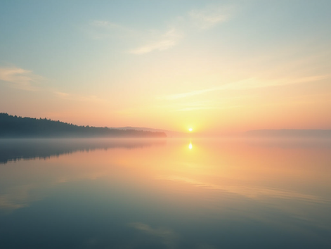 Eye-level view of a calm lake reflecting a clear sky at sunrise