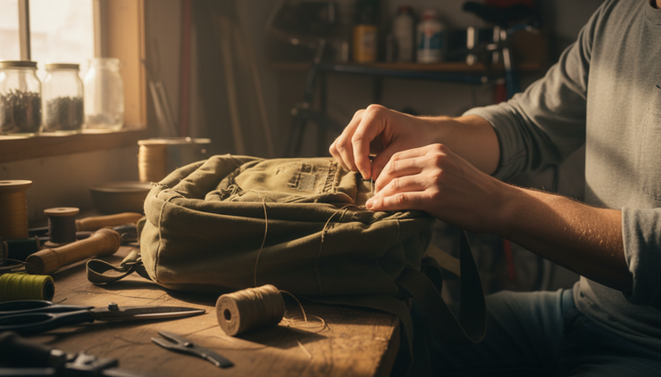 Close-up of hands repairing a well-used canvas backpack beside a workbench in a sunlit garage.