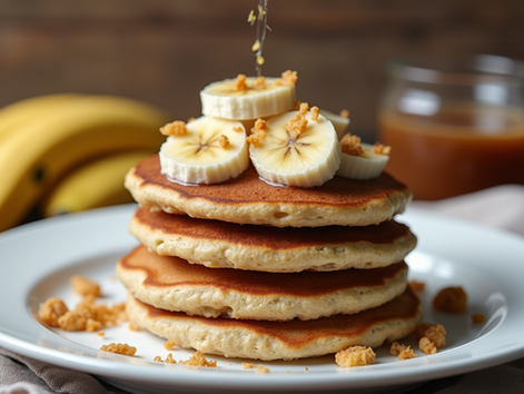 Close-up view of golden oatmeal and banana pancakes stacked on a white plate