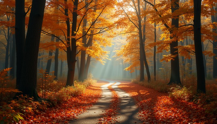 Eye-level view of a winding forest path surrounded by autumn trees