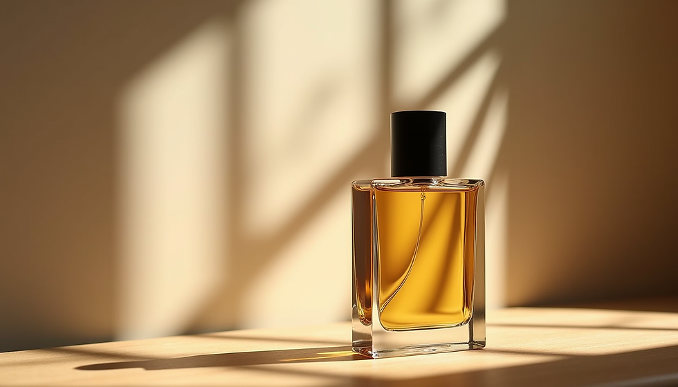 Eye-level view of a sleek summer perfume bottle on a wooden table with sunlight casting soft shadows