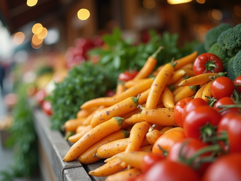 Close-up view of fresh seasonal fruits and vegetables on a wooden market stall
