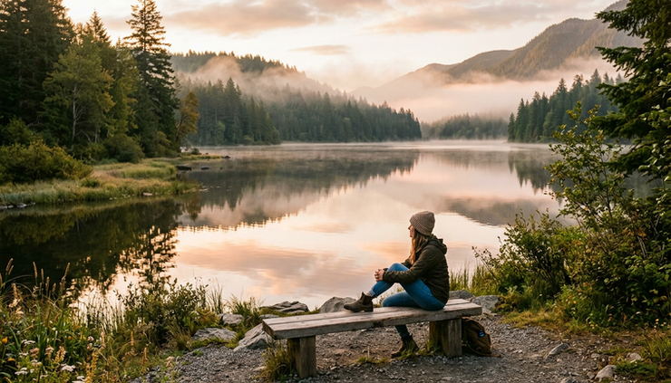Wide-angle view of a person sitting alone on a lakeside bench at sunrise