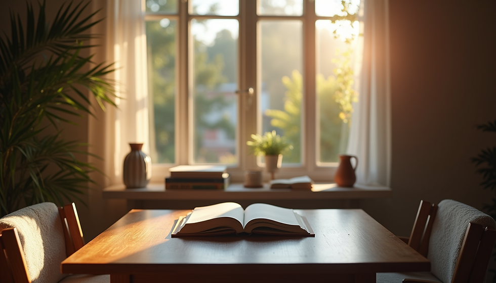 Eye-level view of a cozy reading nook with soft natural light and a closed laptop on a wooden table