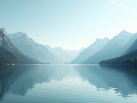 Eye-level view of a serene landscape with a tranquil lake and mountains in the background