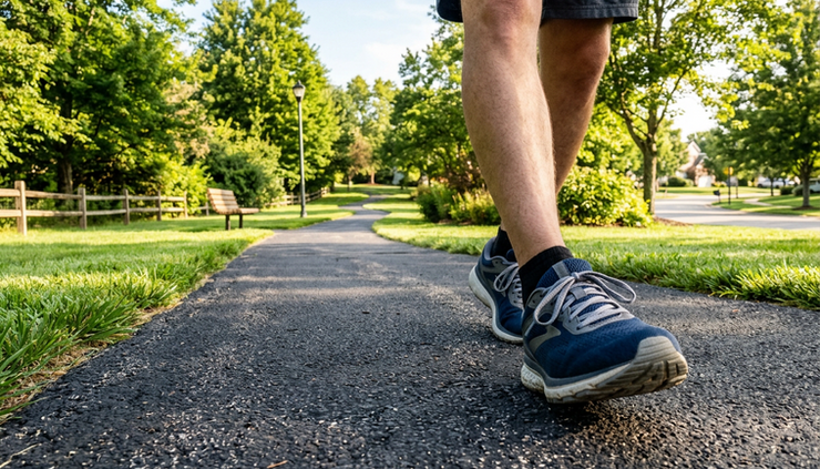 Low-angle view of running shoes beside a walking path in a sunny neighborhood park