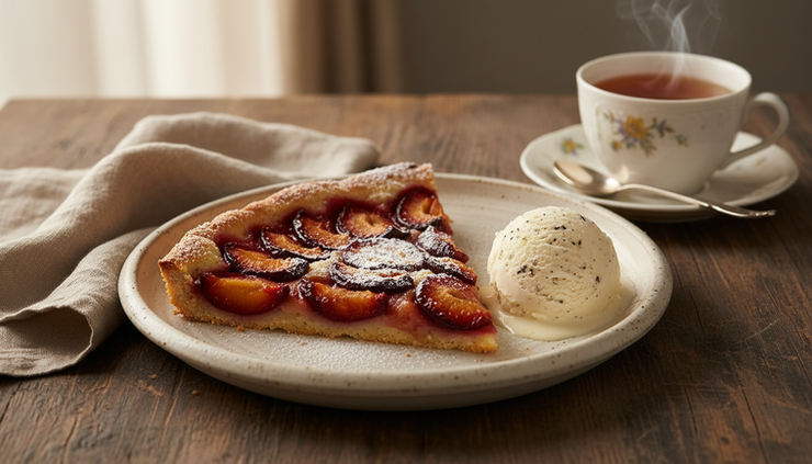 Three-quarter view of sliced plum tart served with ice cream and tea.