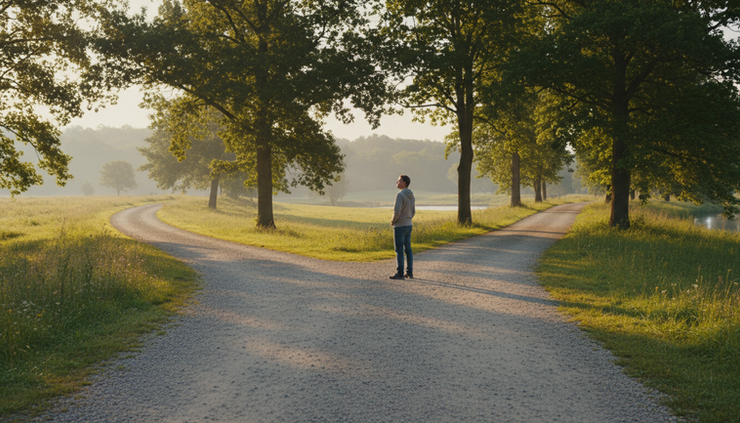 Wide-angle view of a person standing at a fork in a winding path through a quiet park.