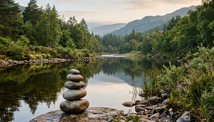 Wide-angle view of smooth stones stacked beside a calm river.