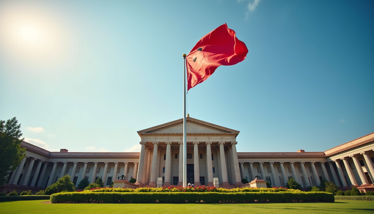 Eye-level view of a government building with a flag waving in front