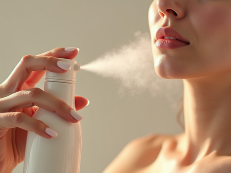 Close-up view of a facial spray bottle releasing a fine mist onto hydrated skin