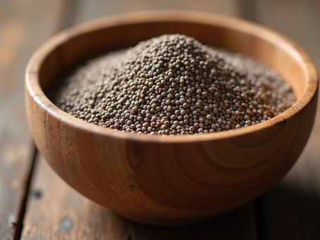 Close-up view of chia seeds in a wooden bowl with a rustic background