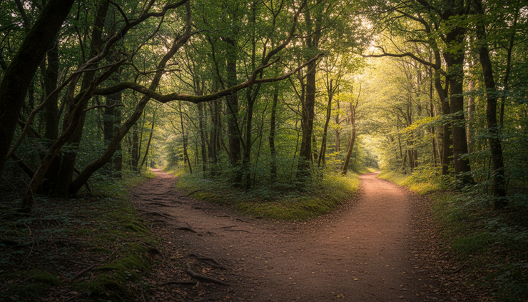 Wide-angle view of a narrow trail splitting into two paths in a quiet wooded area