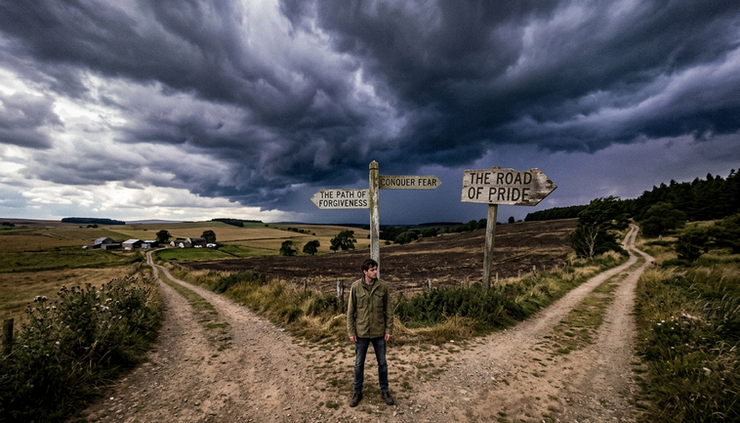 Wide-angle view of a person standing at a crossroads under stormy light.