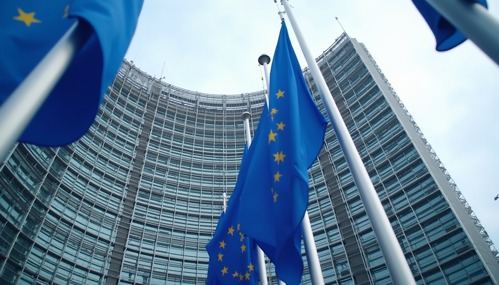 Eye-level view of the European Parliament building in Brussels with flags of member states fluttering