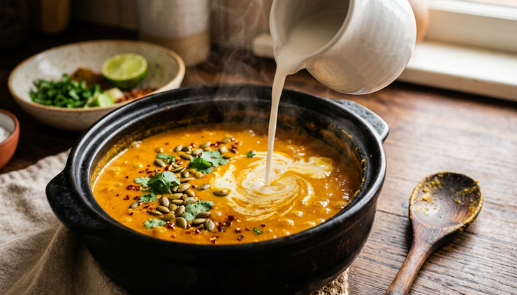 Eye-level view of coconut milk pouring into pumpkin curry soup.