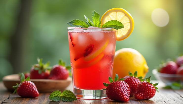 Close-up view of a glass filled with iced strawberry lemonade garnished with fresh strawberries and mint leaves