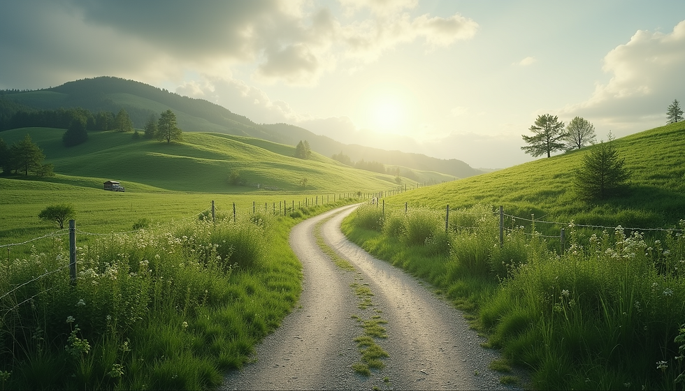 Eye-level view of a serene landscape with a winding path