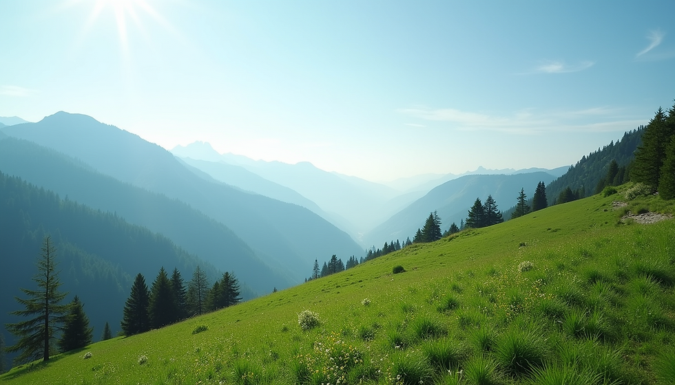Eye-level view of a serene mountain landscape