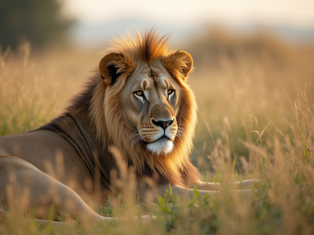 Eye-level view of a calm lion resting in tall grass
