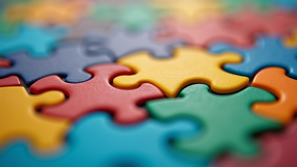 Close-up view of a colorful puzzle with interlocking pieces
