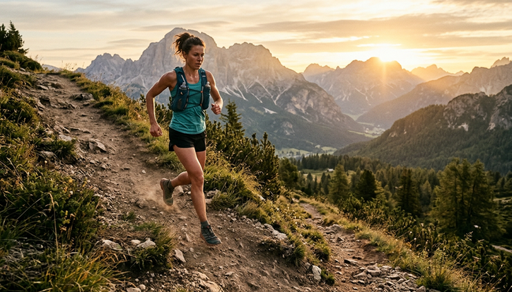 Wide-angle view of a runner climbing a steep dirt trail at sunrise.