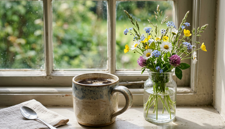 Close-up of a ceramic mug beside a small vase of wildflowers on a windowsill.