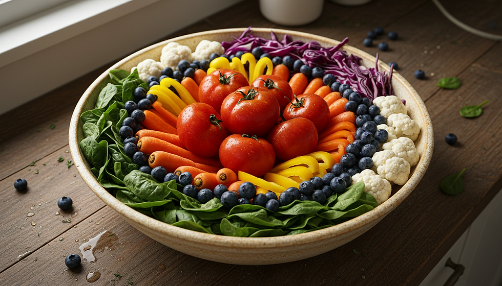 Overhead view of a colorful bowl filled with fruits and vegetables arranged by rainbow color.