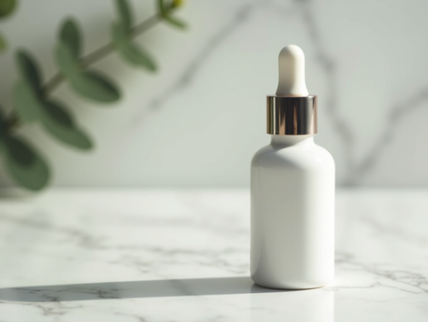 Close-up view of a serum bottle with a dropper on a marble surface