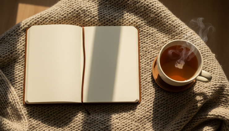 Overhead view of a journal open beside a cup of tea on a soft blanket.