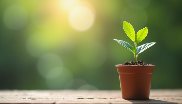 Eye-level view of a small plant growing steadily in a pot on a wooden table