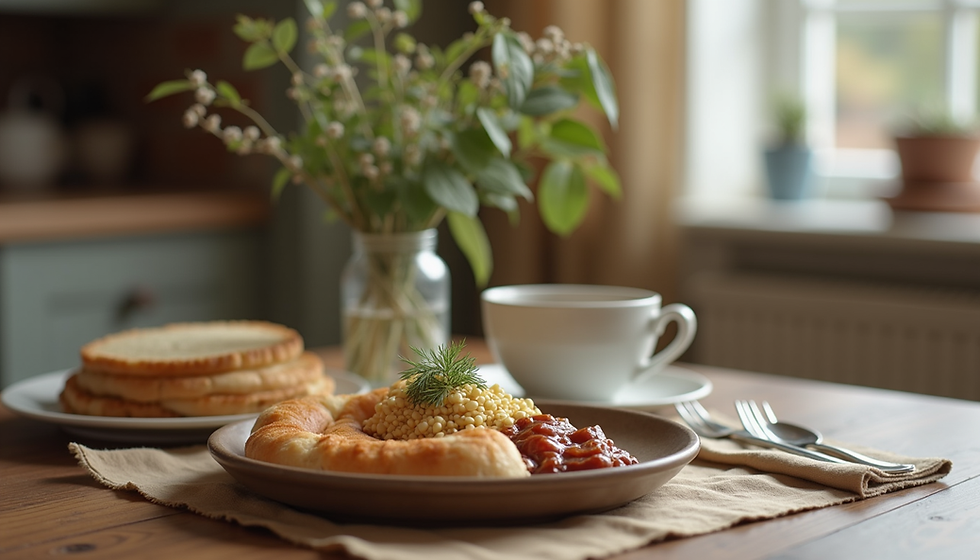 Eye-level view of a cozy kitchen table with a homemade meal and a cup of tea