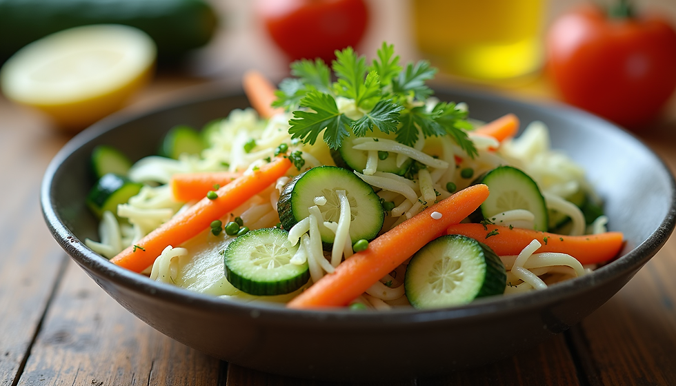 Eye-level view of a fresh zucchini and carrot salad in a bowl with lemon and olive oil dressing
