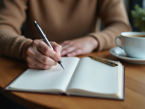 Eye-level view of a person writing in a journal with a cup of coffee nearby