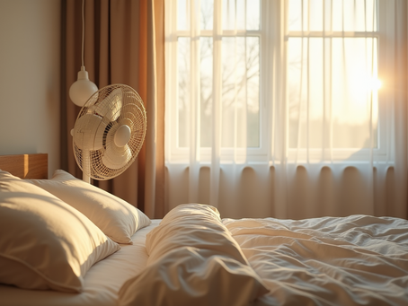 Eye-level view of a bedroom with a fan blowing cool air over a bed with cotton sheets