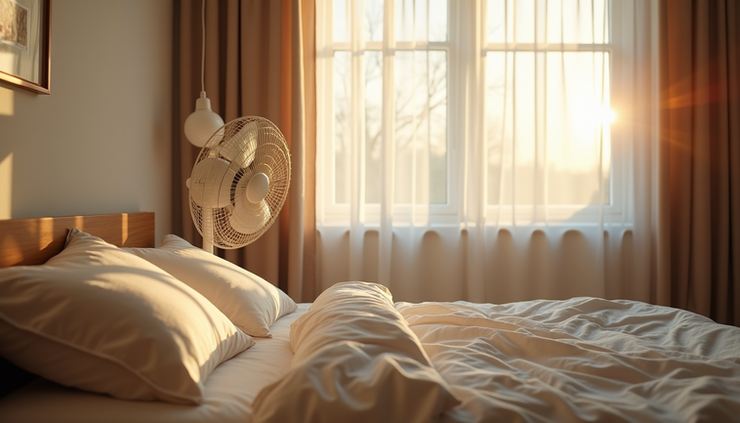 Eye-level view of a bedroom with a fan blowing cool air over a bed with cotton sheets