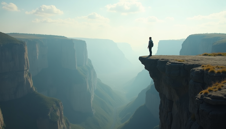 Eye-level view of a person standing at the edge of a cliff overlooking a vast valley