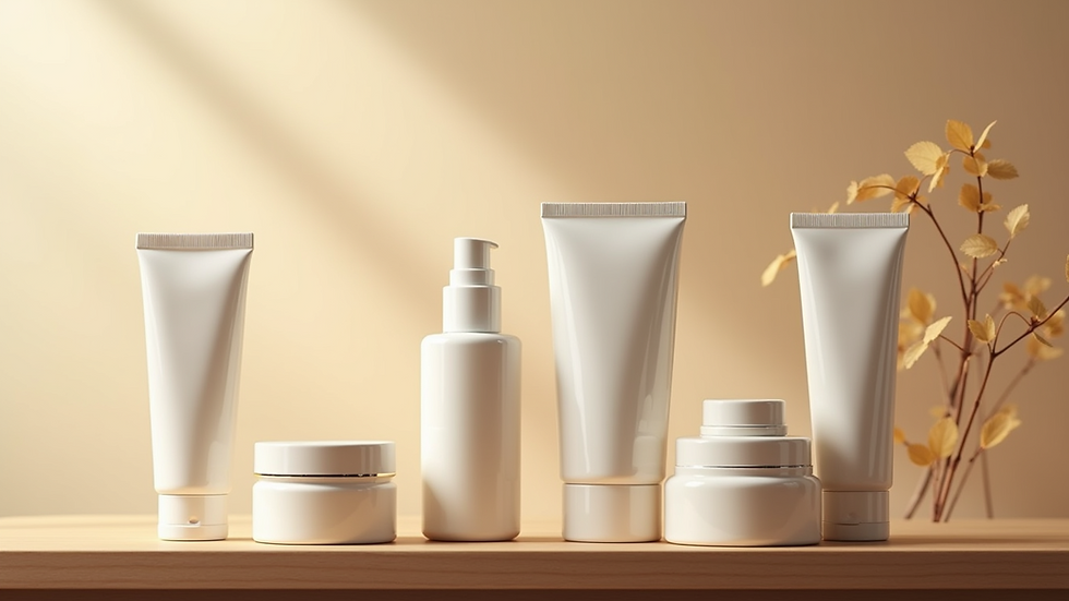 Close-up view of a variety of face creams on a wooden surface