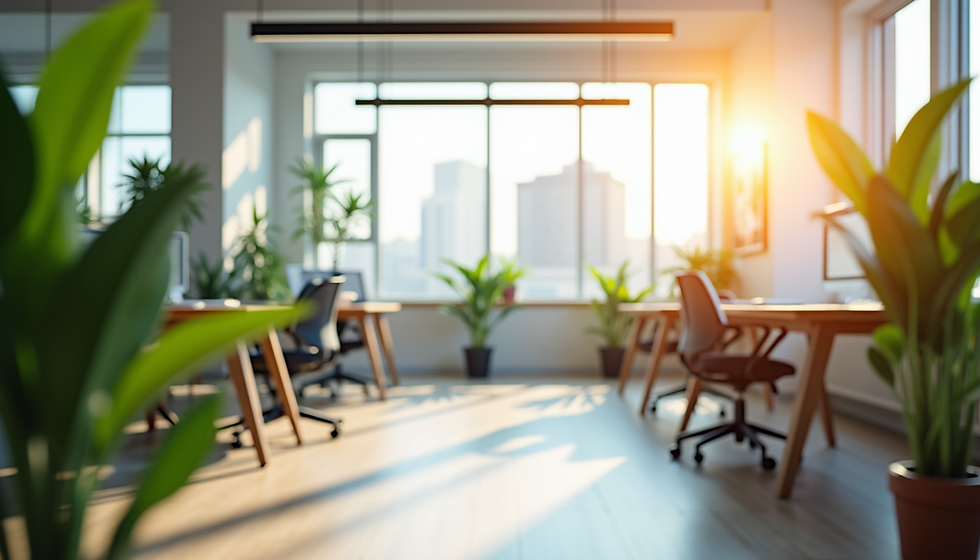 Eye-level view of a calm office space with natural light and plants
