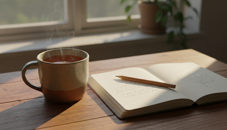Close-up of a ceramic mug beside an open journal on a wooden table.