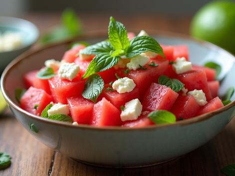 Eye-level view of a bowl of watermelon and feta salad with fresh mint and lime wedges
