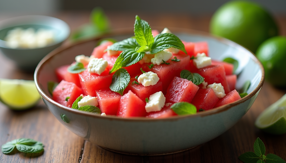 Eye-level view of a bowl of watermelon and feta salad with fresh mint and lime wedges