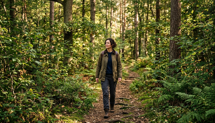Eye-level view of a person walking alone through a quiet forest trail.