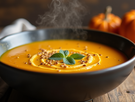 Eye-level view of a steaming bowl of pumpkin cream soup on a rustic wooden table